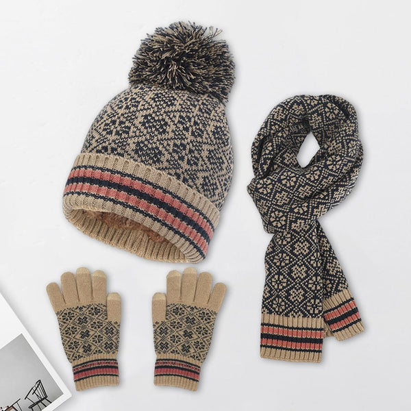 Winterset Mütze Schal Handschuhe mit Pompon und Strickmuster