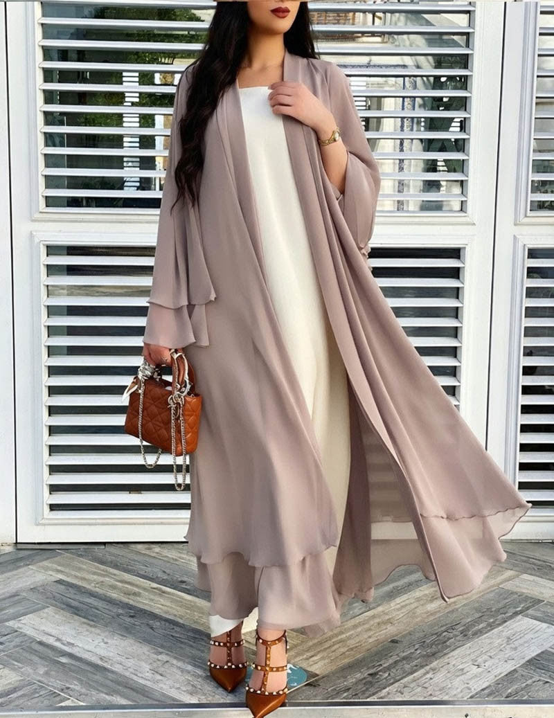 Dames chiffon-kimonomaxijurk met lange mouwen en rucheszoom, open gedragen