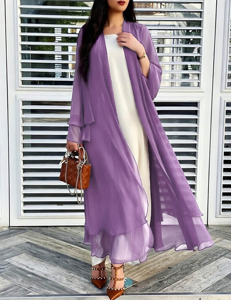 Dames chiffon-kimonomaxijurk met lange mouwen en rucheszoom, open gedragen