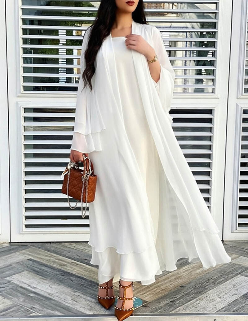 Dames chiffon-kimonomaxijurk met lange mouwen en rucheszoom, open gedragen