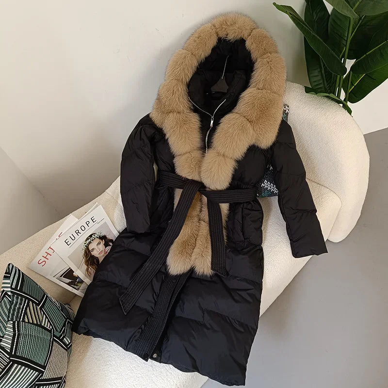 Damen Winter Steppmantel Lang mit Kapuze und Kunstpelzbesatz Gürtel