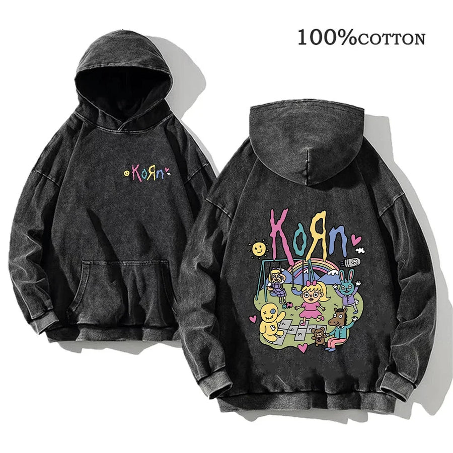 Korn Band Hoodie Unisex Washed Schwarz Kapuzenpullover Oversize