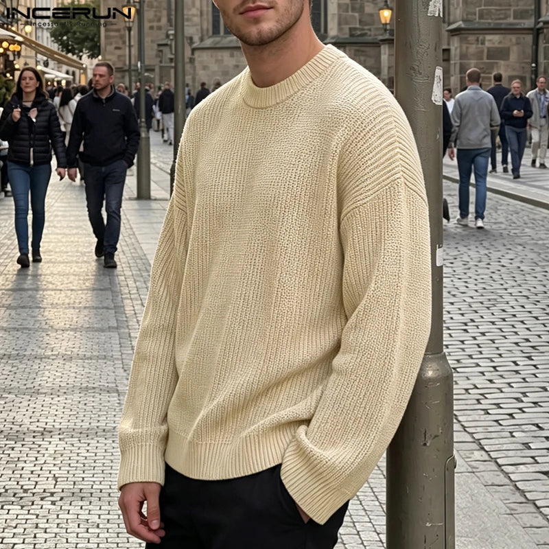 Heren shirt met lange mouwen, geribbeld, ronde hals, casual, oversized pullover