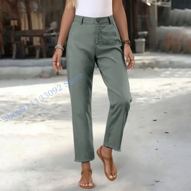 Damen Stoffhose mit geradem Bein, Hoher Bund & Fransen Saum – Beige