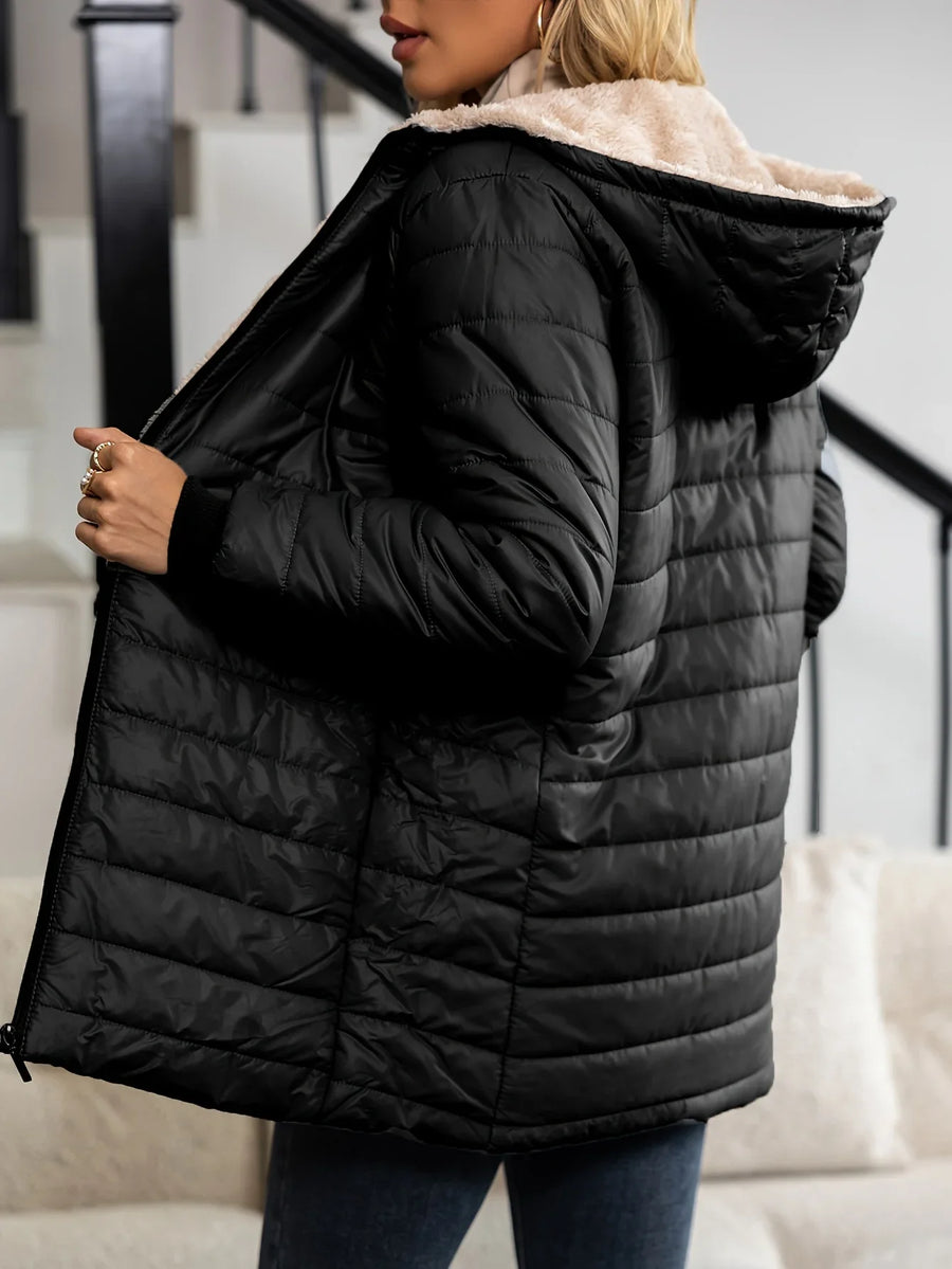 Damen Steppjacke mit Kapuze, gefüttert, lang geschnitten, Warm