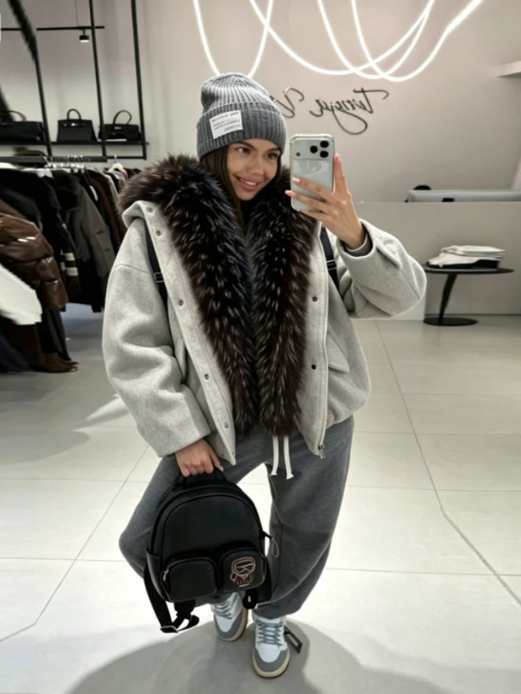 Damen Jacke Kurz Winterjacke mit Kunstpelzkragen Reißverschluss Grau