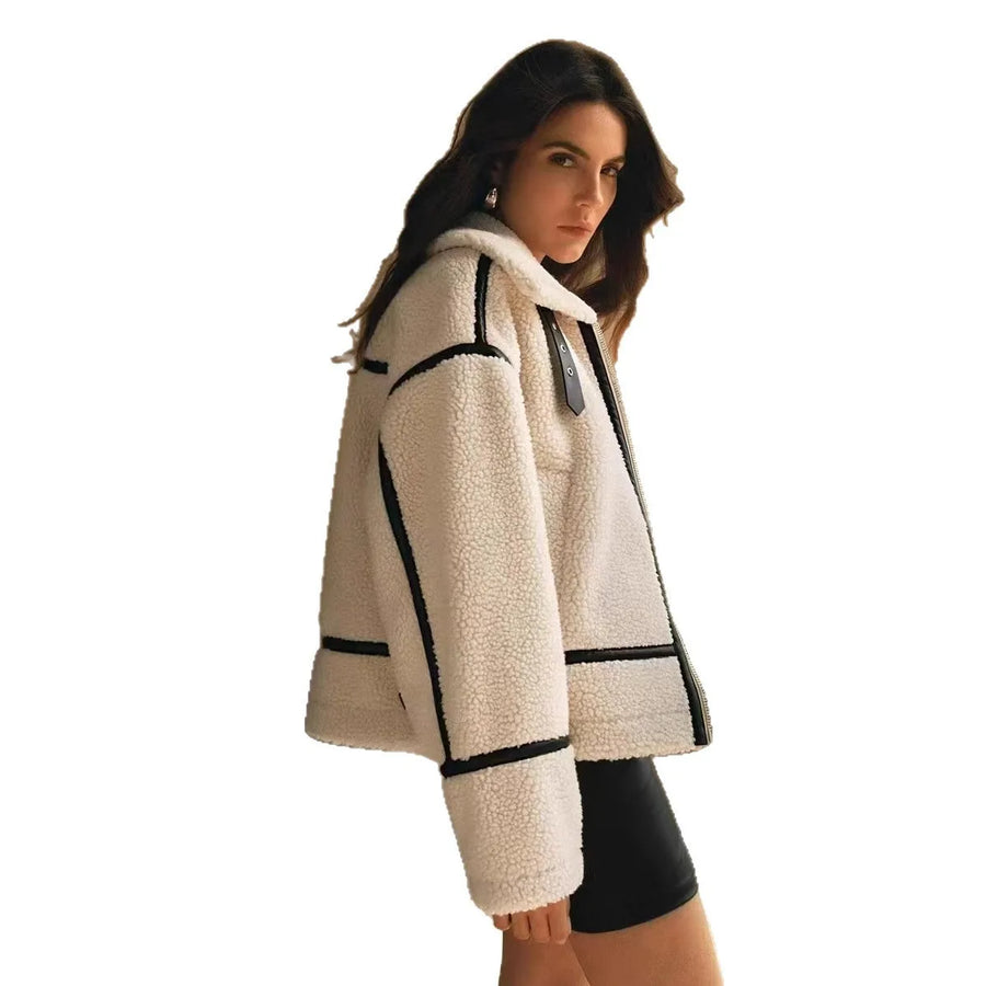 Teddy Fleece Jacke Damen Winter Beige mit Reißverschluss und Schnallen