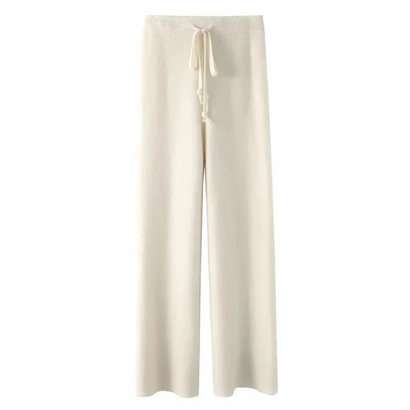 Damen Strickhose Weites Bein Hoher Bund mit Kordelzug