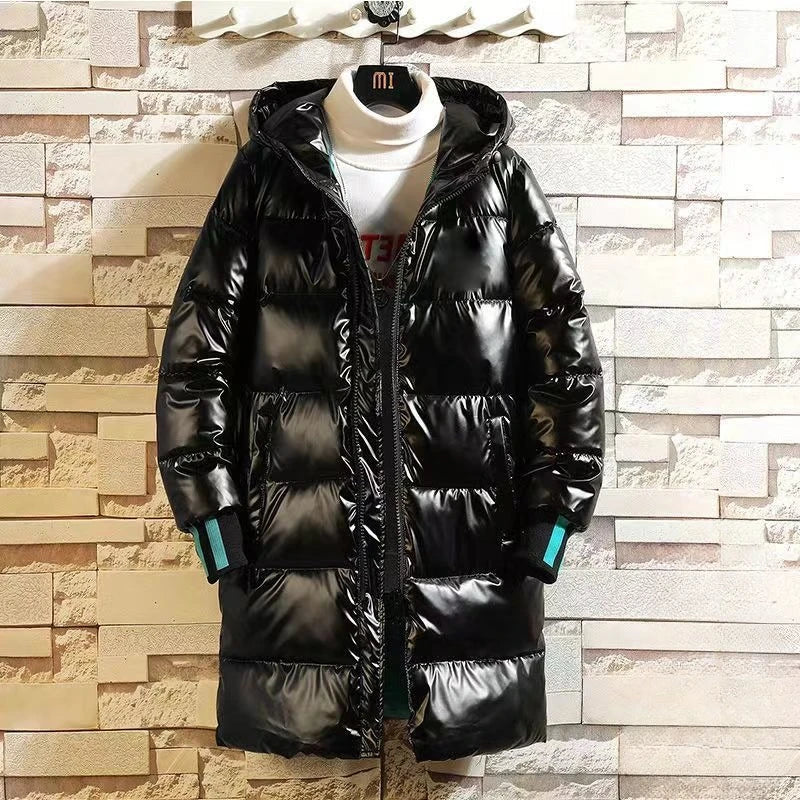 Herren Glänzender Steppmantel mit Kapuze und Reißverschluss Lange Winterjacke