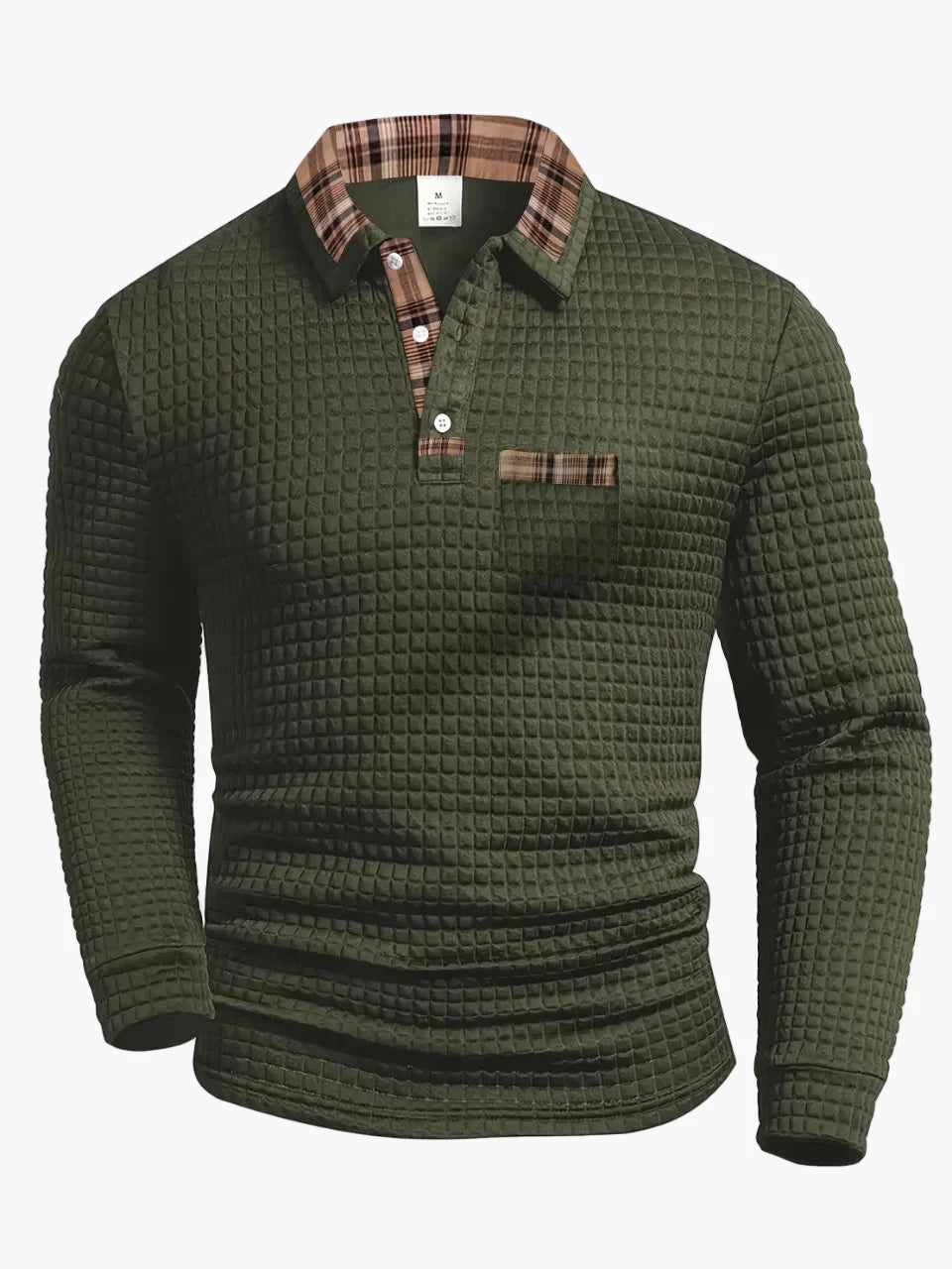 Herren Langarm Freizeitshirt im Waffelmuster mit Karodetail – Modernes Polo für Alltag und Freizeit