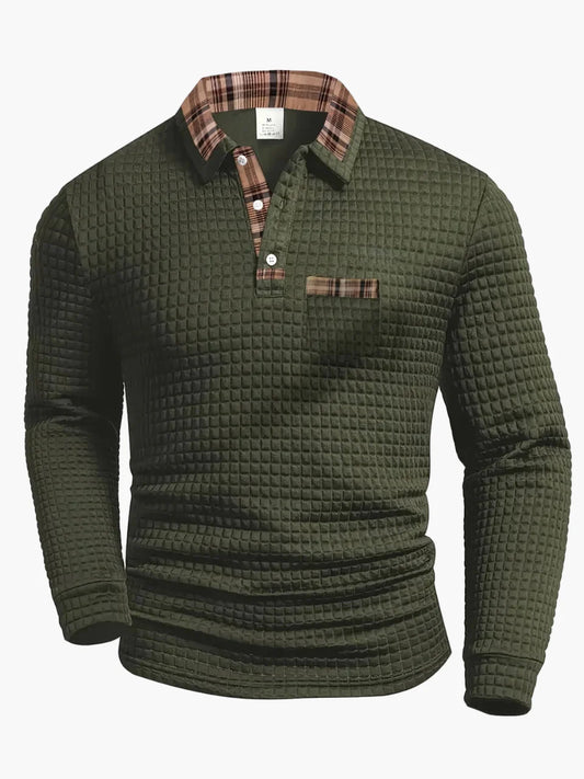 Herren Langarm Freizeitshirt im Waffelmuster mit Karodetail – Modernes Polo für Alltag und Freizeit