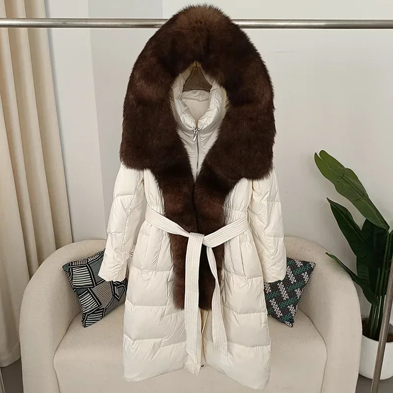 Damen Winter Steppmantel Lang mit Kapuze und Kunstpelzbesatz Gürtel