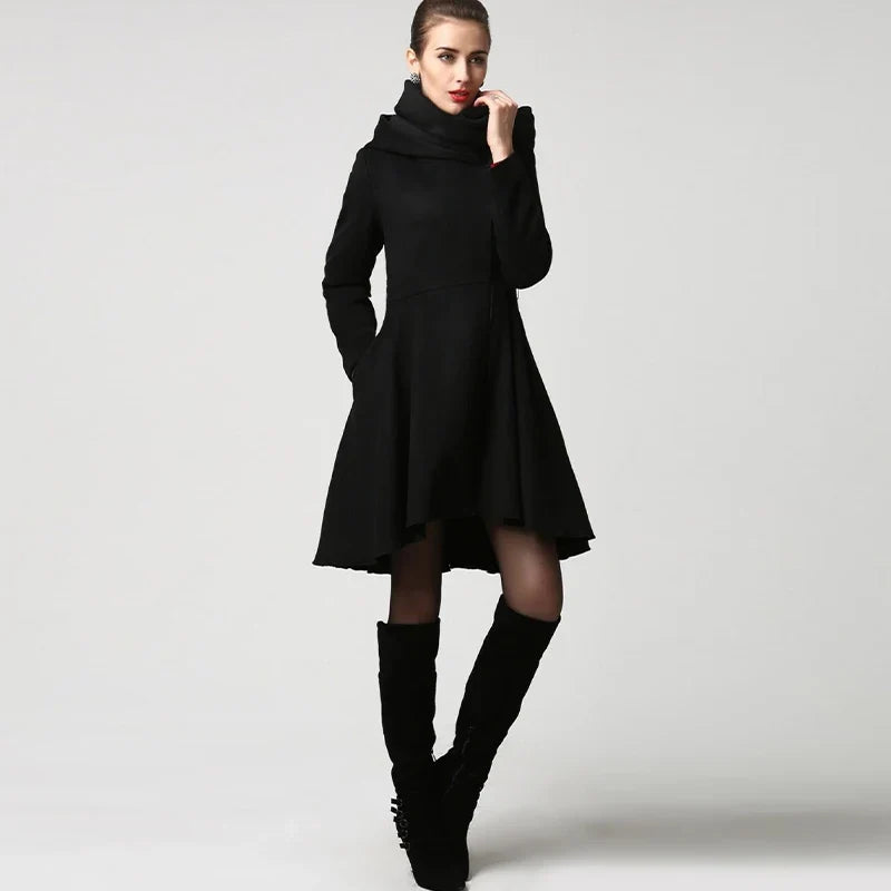 Damen Mantel Schwarz Glockenärmel Saum Asymmetrisch Stehkragen