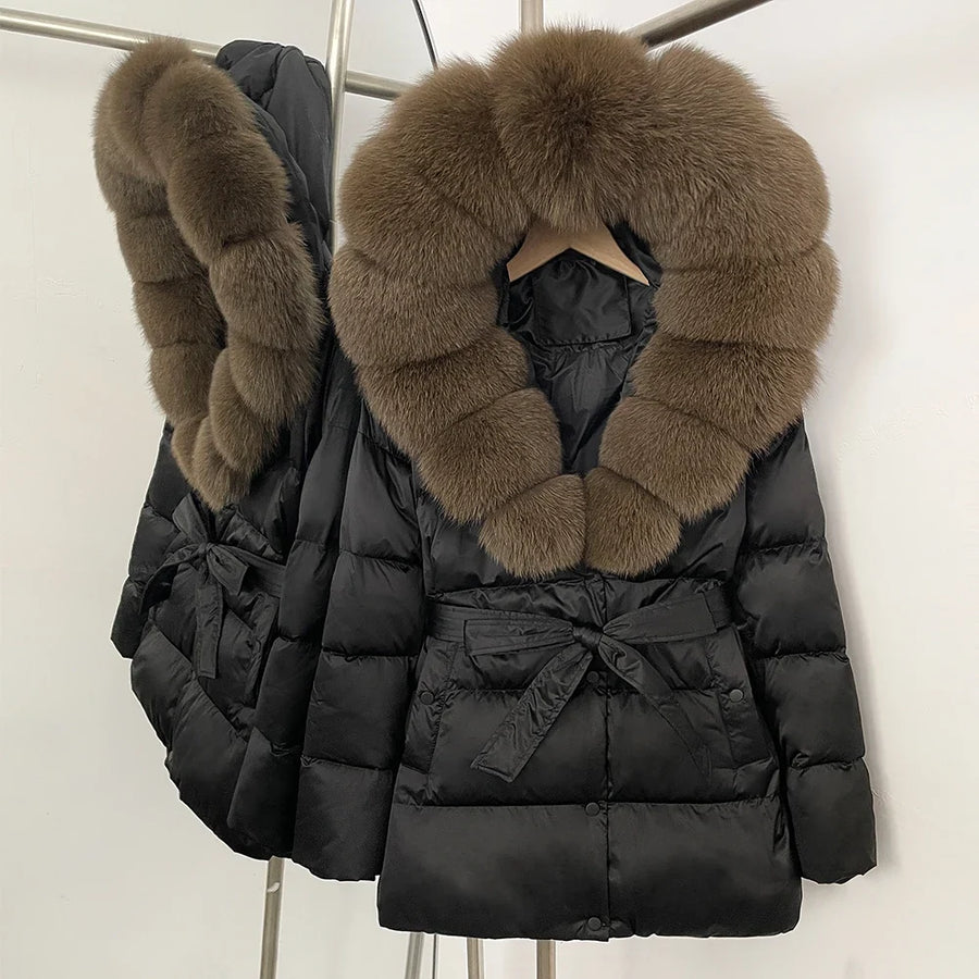 Damen Daunenjacke mit Kunstpelzkragen und Bindegürtel, warme Winterjacke