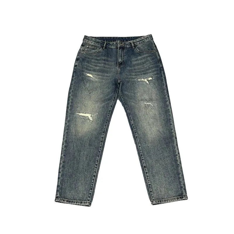 Herenjeans loose fit blauw in used look met wijde pijpen en distressed-effect