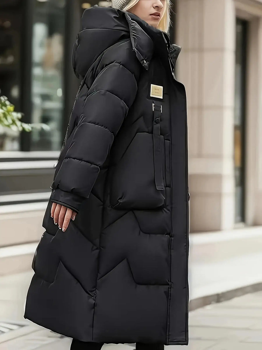 Damen Langer Steppmantel mit Kapuze – Warm & Winddicht Schwarz