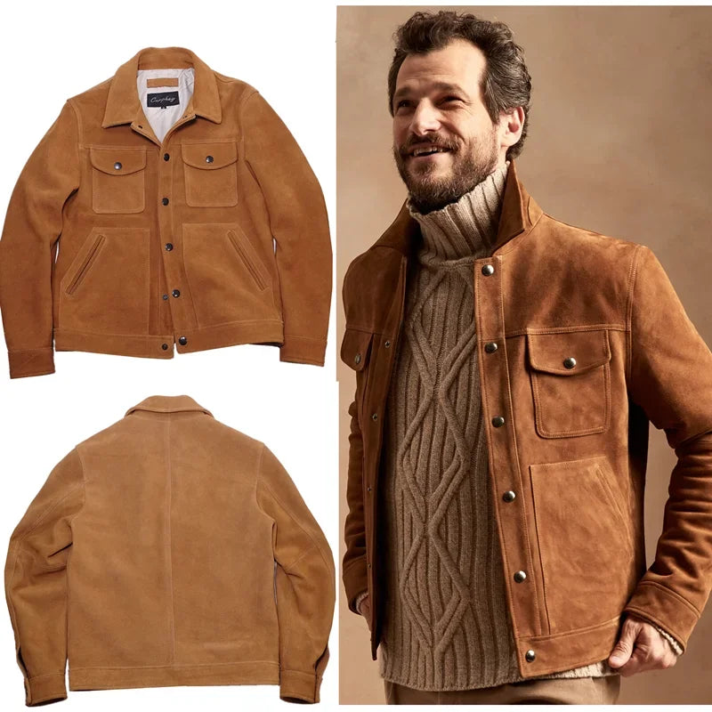 Herren Jacke Wildleder-Optik Cognacbraun mit Umlegekragen & aufgesetzten Taschen