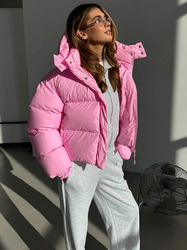 Damen Glänzende Pufferjacke mit Kapuze Kurz Daunenjacke