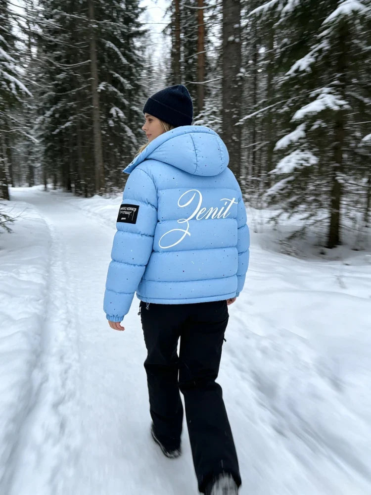 Gesteppte Winterjacke mit Kapuze für Herren, Hellblau mit Farbspritzern