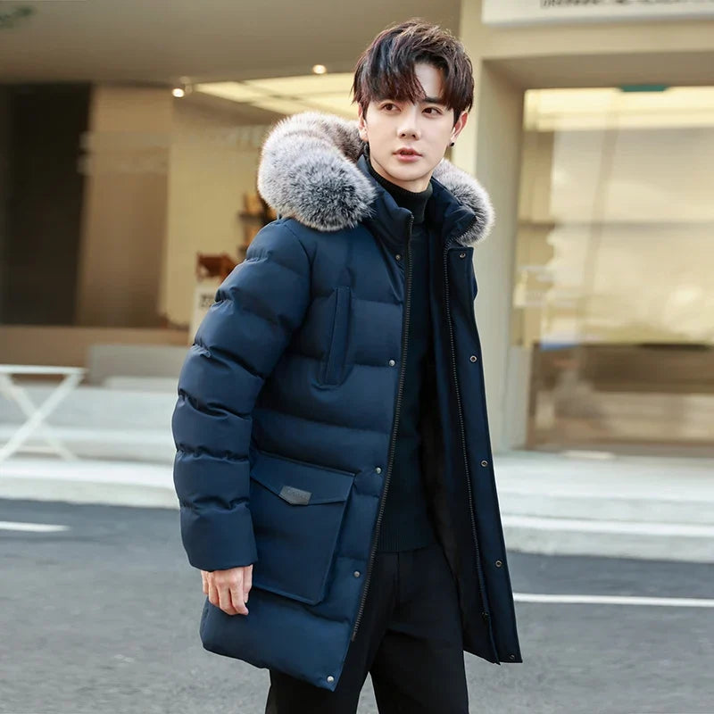 Herren Winterparka mit Kapuze Pelzbesatz Gepolsterte Lange Jacke