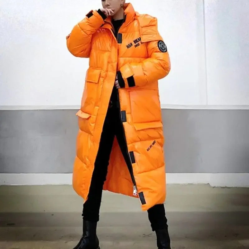 Unisex Langer Puffer Mantel Glänzend Schwarz Winter Jacke
