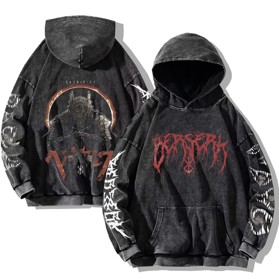 Vintage hoodie met capuchon en kangoeroezak – Berserk-print