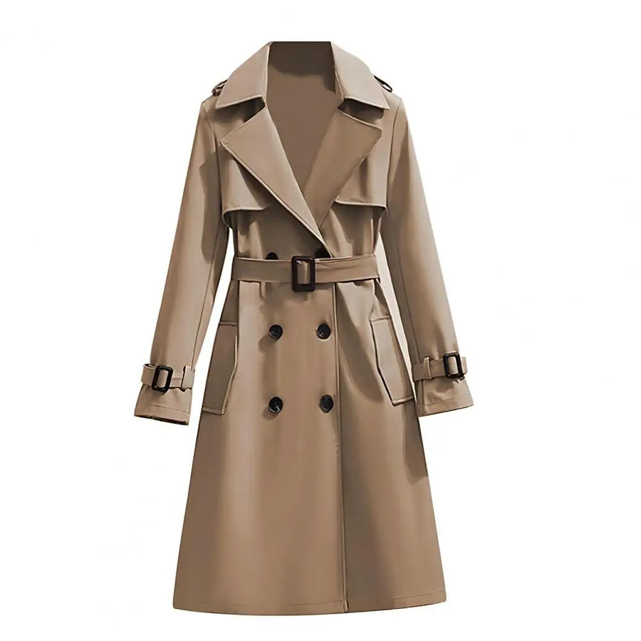 Damen Trenchcoat Lang Zweireihig mit Gürtel Beige