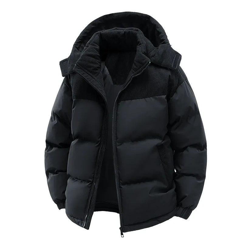 Winter Steppjacke mit Kapuze Zweifarbig Cord-Detail Gepolsterte Outdoor-Jacke