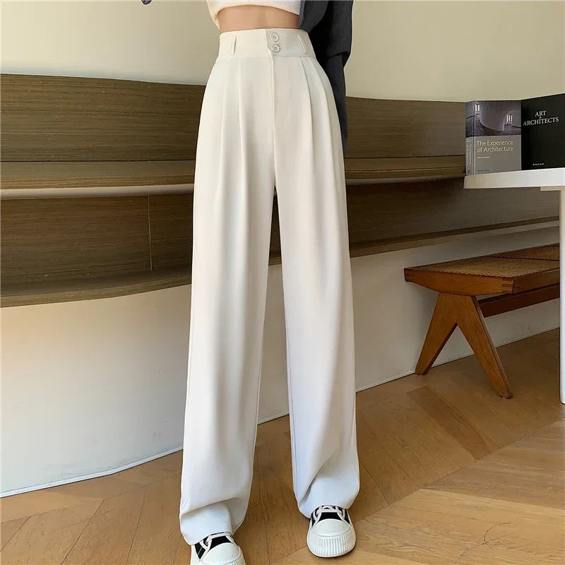 Wijde damesbroek met hoge taille, plooien en knoopsluiting