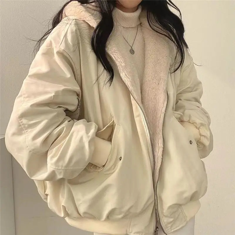 Damen Reversible Bomberjacke mit Kapuze Teddyfutter