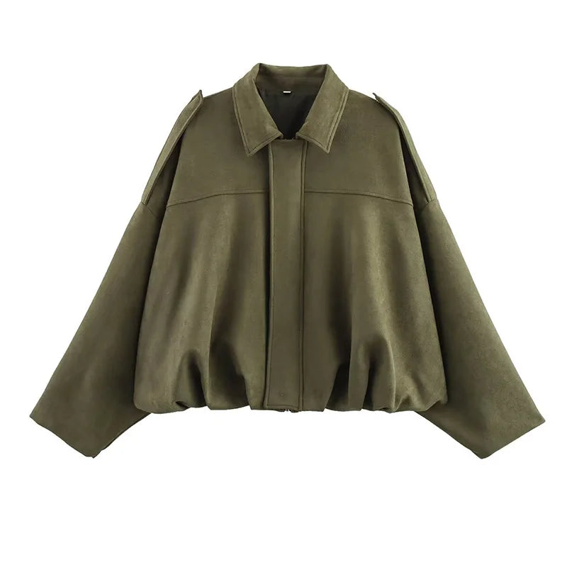 Kurze Jacke Damen Bomberjacke im Pilotenstil Übergangsjacke Grün Beige