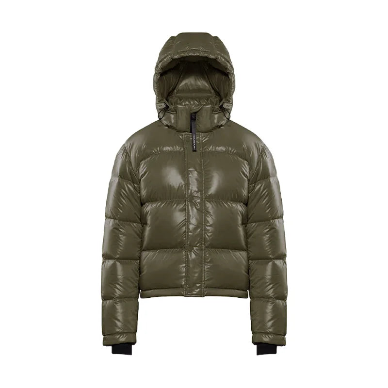Damen Steppjacke mit Kapuze glänzend Khaki
