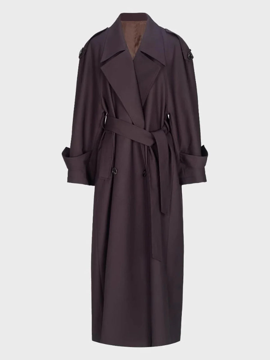 Damen Trenchcoat Lang Gürtel Zweireihig Dunkelviolett