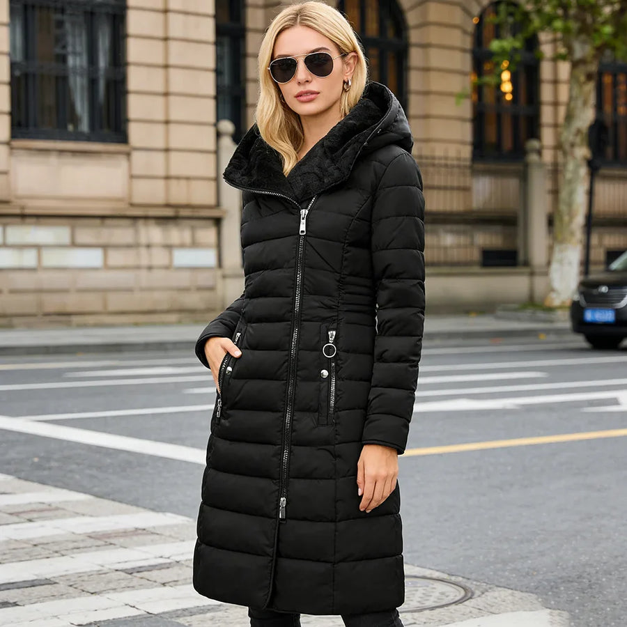 Damen Winter Steppmantel Schwarz mit Kapuze und Reißverschlüssen
