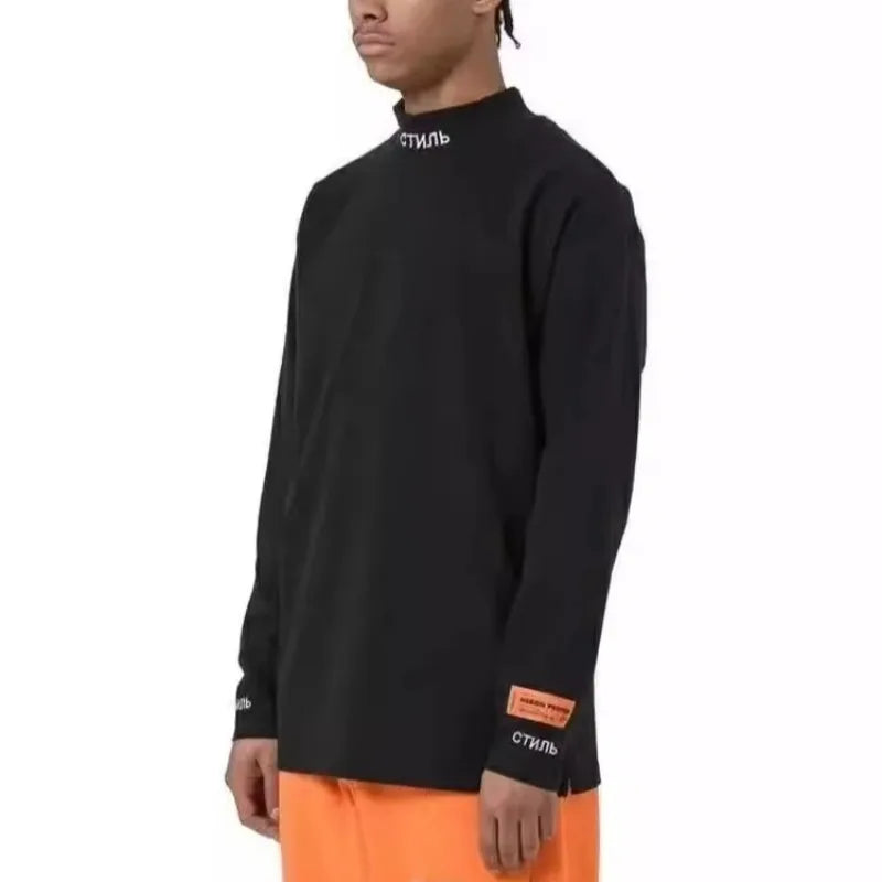 Heren shirt met lange mouwen, opstaande kraag, zwart met opschrift