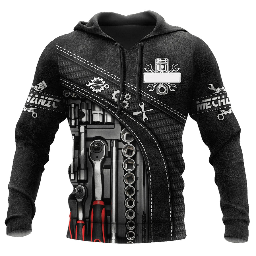 Kapuzenpullover Herren Hoodie Mechaniker-Design Motor Kolben Werkzeug Schwarz Grau