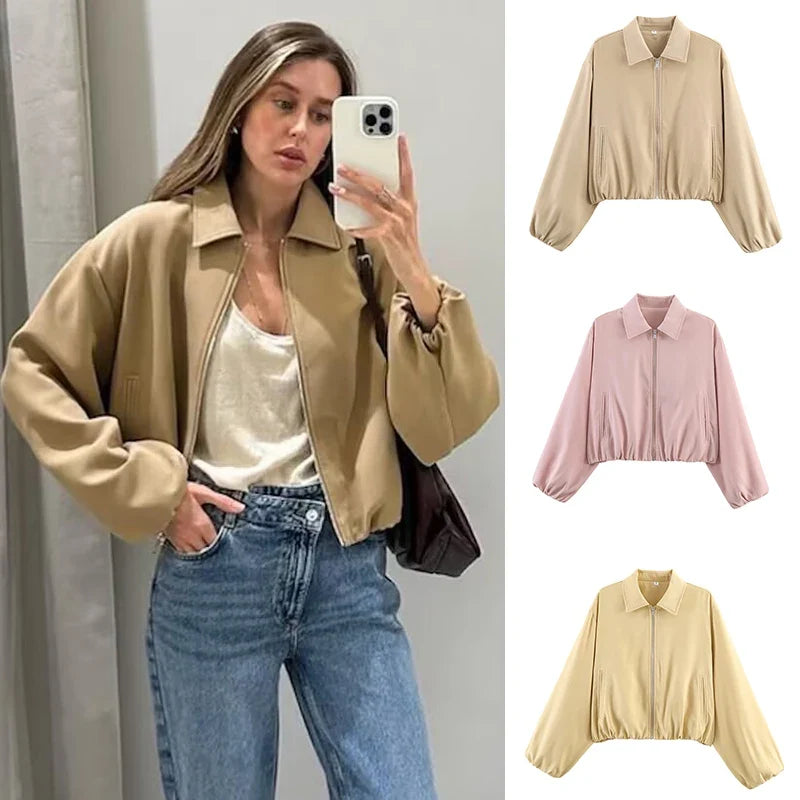 Damen Kurzjacke mit Reißverschluss, Kragen und Gummizugsaum