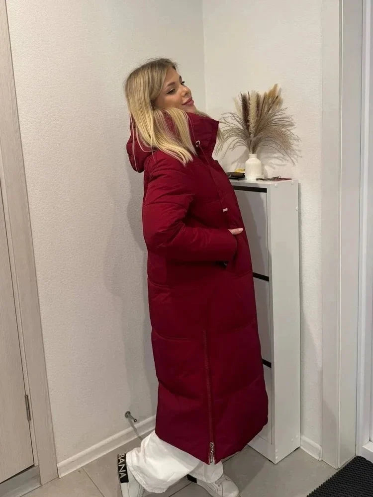 Damen Langer Steppmantel mit Kapuze Rot