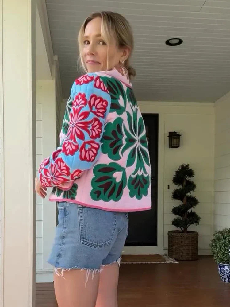 Damen Steppjacke mit Blumenmuster, Bunt, Kurz
