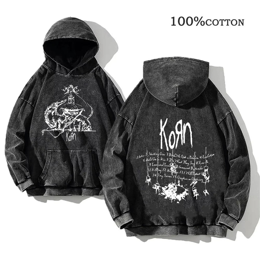 Korn Band Hoodie Unisex Washed Schwarz Kapuzenpullover Oversize
