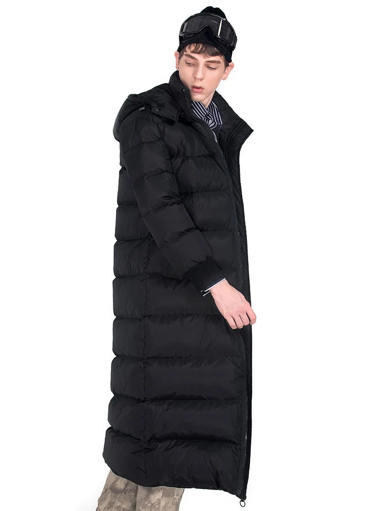 Langer Schwarzer Herren Steppmantel Winter Steppjacke mit Kapuze