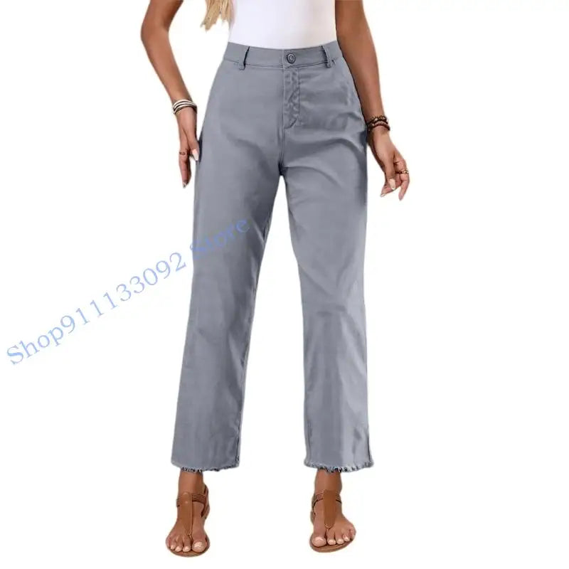 Damen Stoffhose mit geradem Bein, Hoher Bund & Fransen Saum – Beige
