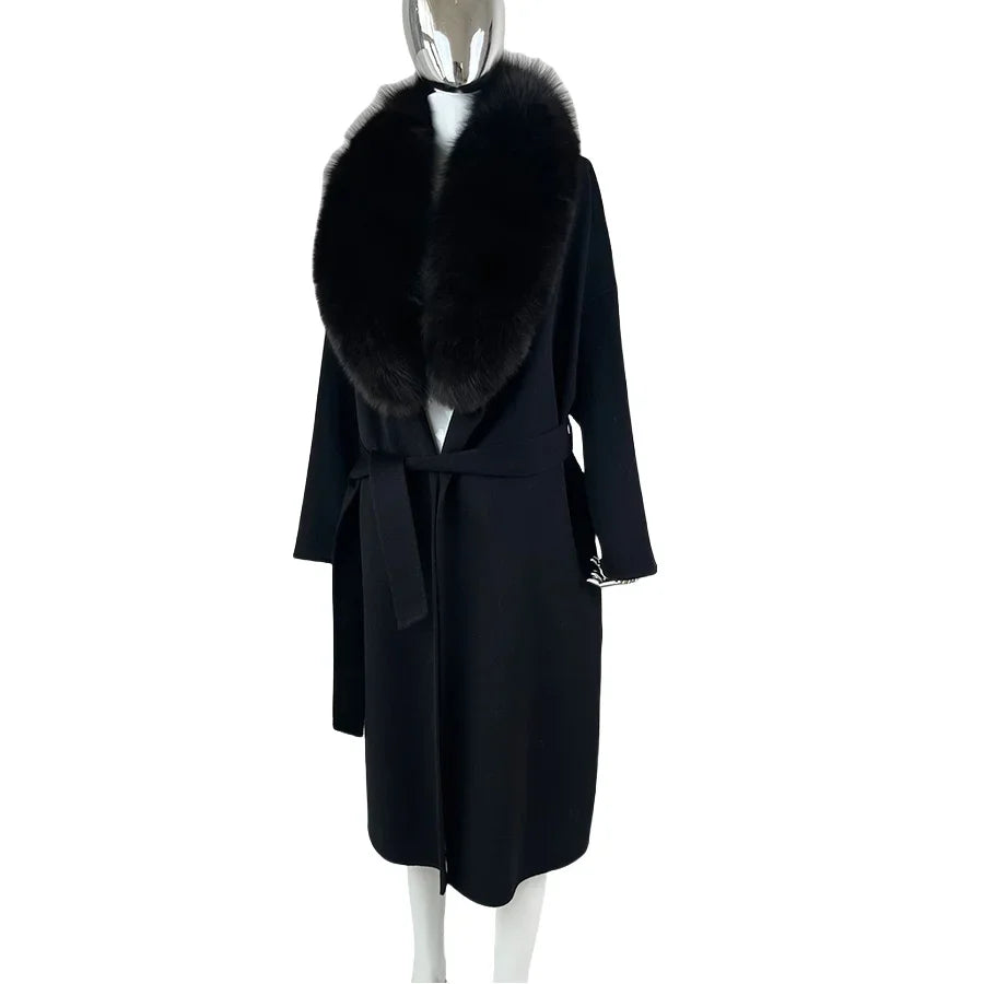 Damen Wickelmantel Schwarz mit Fellkragen Elegant