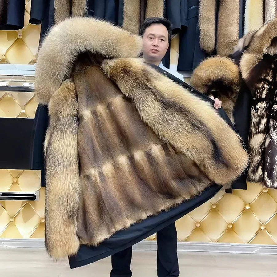 Herren Winterparka mit abnehmbarem Kunstfellfutter & Kapuzenbesatz Schwarz