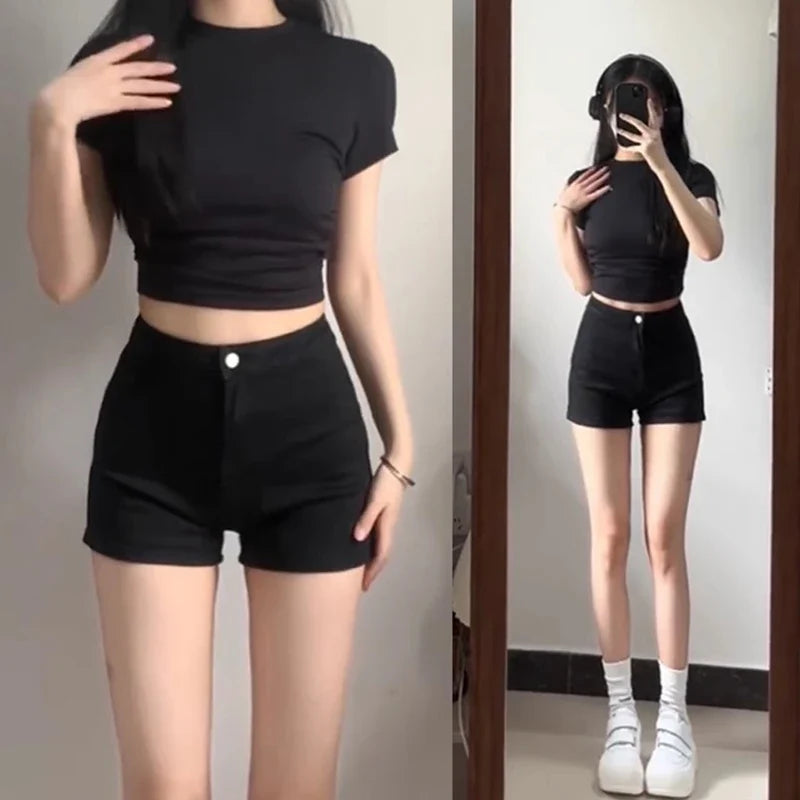 Korte zwarte damesshorts met hoge taille, denimlook