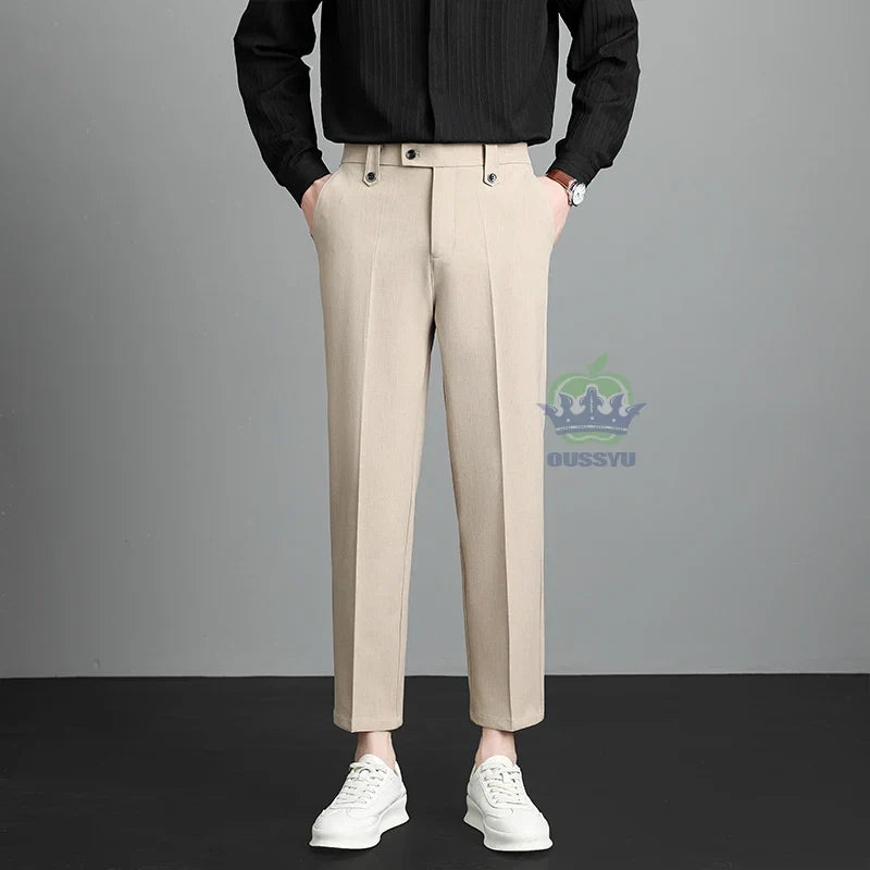 Herren Business Hose Beige Mit Bundfalte Slim Fit