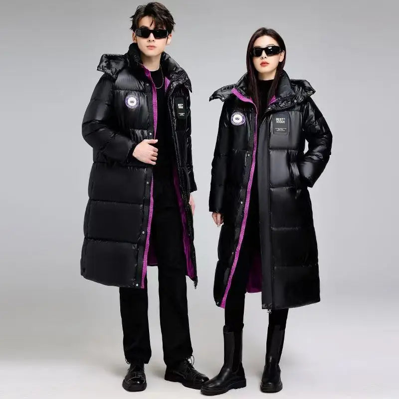 Unisex Langer Steppmantel Schwarz mit Kapuze Glänzende Optik
