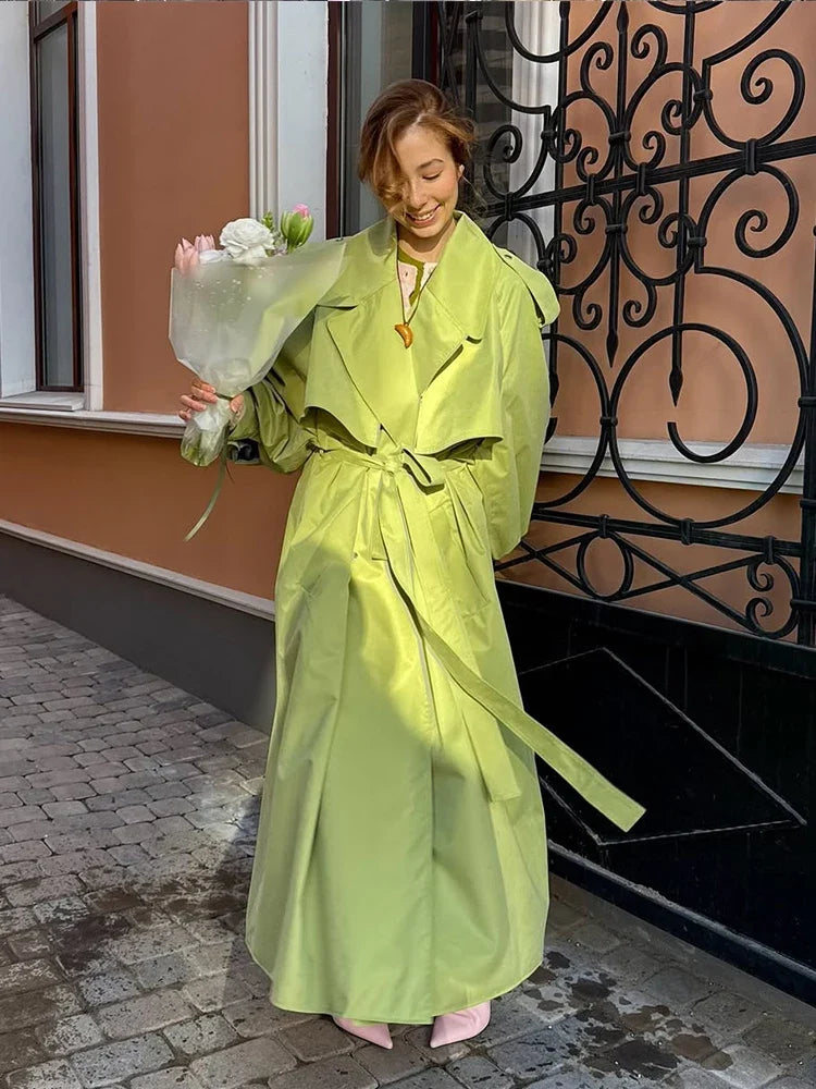 Damen Oversize Trenchcoat Mantel Lang Glockenärmel Stehkragen Gürtel Freizeit Jacke