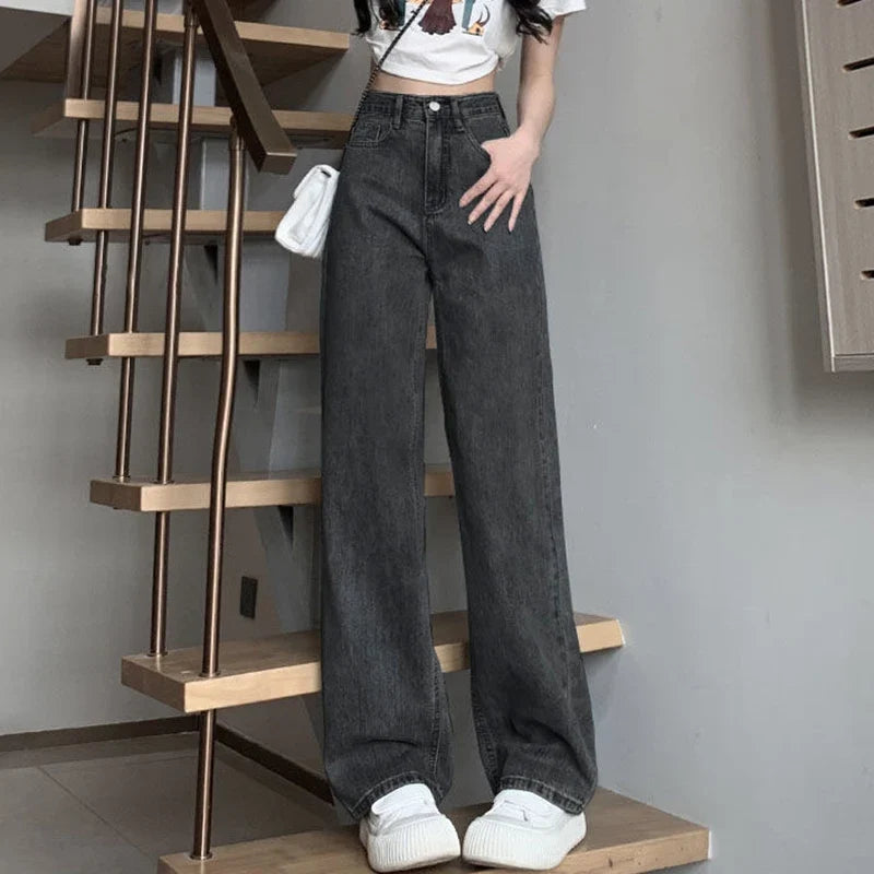 Damen Jeans Wide Leg High Waist Lange Freizeithose