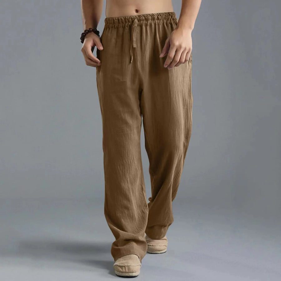 Uniseks linnenbroek met wijde pijpen, comfortabele vrijetijdsbroek, beige